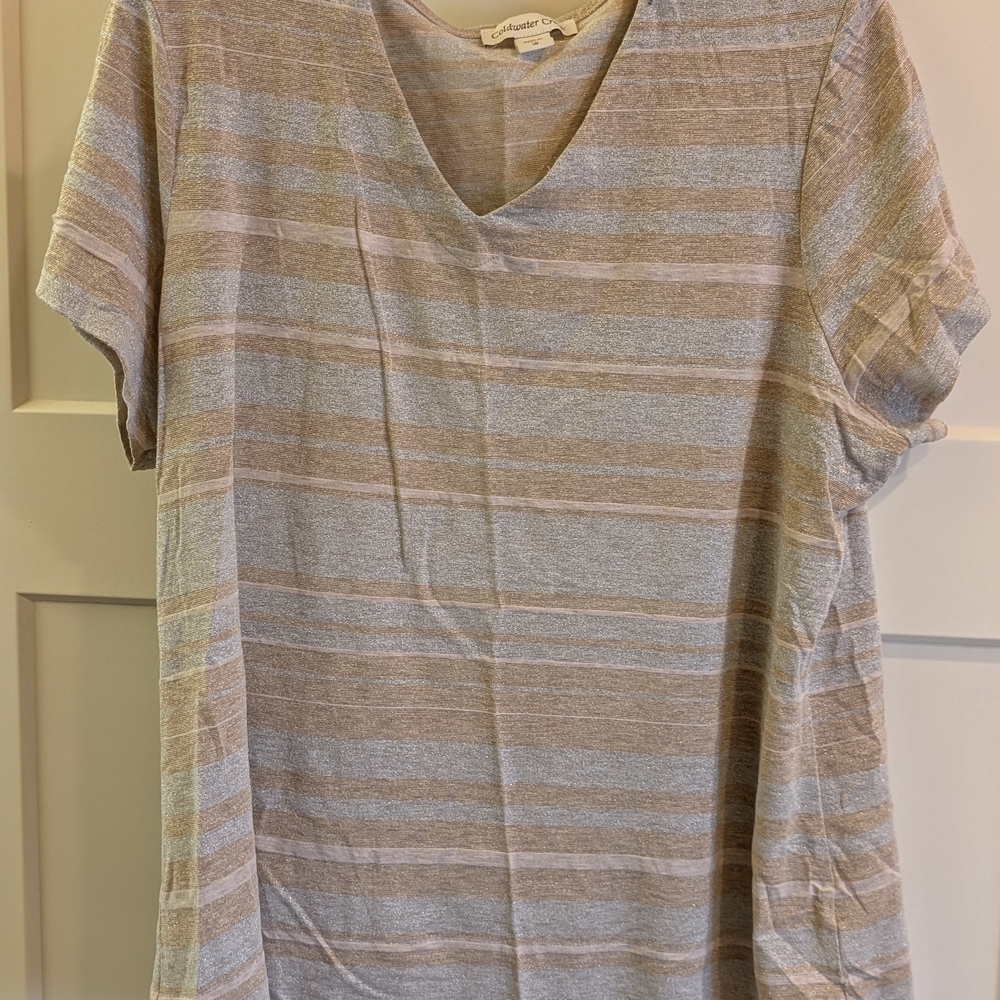 Coldwater Creek Casual Metallic Striped V-Neck Women's Top - Gold, Silve& Tan
